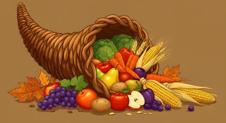Abundant cornucopia overflows with vibrant autumn harvest fruits and vegetables, symbolizing prosperity and gratitude