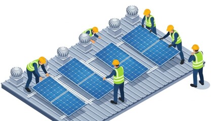 Isometric View of Workers Installing Solar Panels on a Corrugated Metal Roof