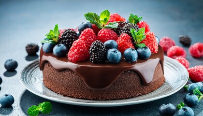 decadent chocolate cake with fresh berries and mint