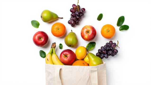 Fresh produce spilling from a reusable grocery bag, vibrant apples, oranges, pears, bananas, grapes, lemons - Powered by Adobe