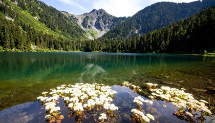 Serene mountain lake with wildflowers