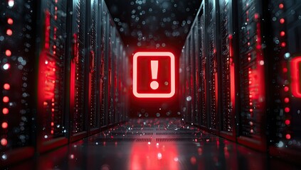 Server room alert, red glowing exclamation mark
