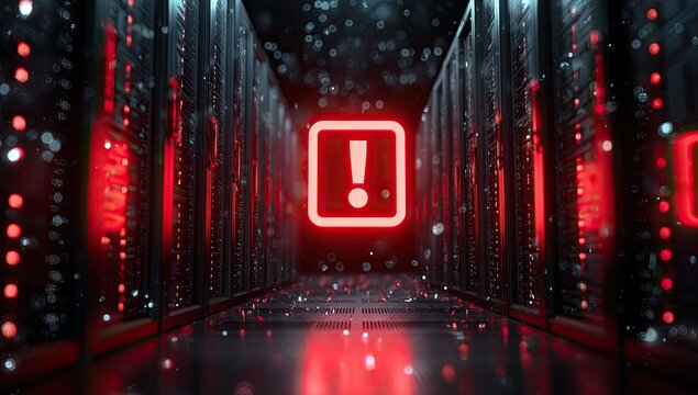 Server room alert, red glowing exclamation mark