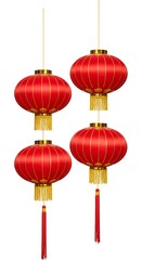 Red lantern pair with golden tassels isolated on clean background, professional stock photo. 