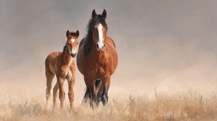 Horses walking through a misty field during early morning light in a tranquil landscape