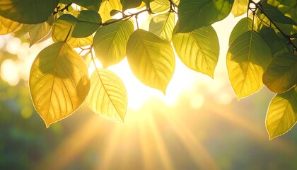Sunlight streams through vibrant green and golden leaves, illuminating a peaceful and serene natural scene.