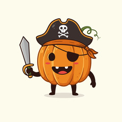 A cheerful cartoon pumpkin dressed as a pirate, featuring a skull-adorned hat, eye patch, red bandana, and sword. Its playful expression and whimsical vine detail make it perfect for festive themes.