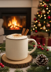 A cup of eggnog with cinnamon sticks and a Christmas Tree is in the background