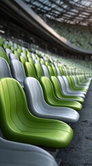 View of empty stadium seats in green and silver colors ready for an exciting event during a bright afternoon