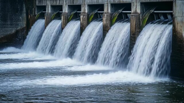 Water rushes through a dam s spillway gates