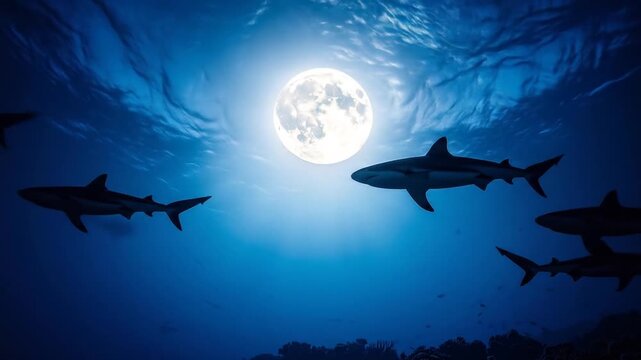 Sharks Swimming Under Moonlight: Underwater Night Scene