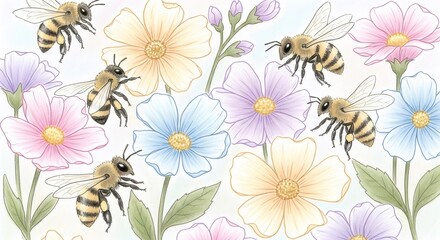 Flying honey bees among colorful spring flowers, pollinating and collecting nectar, a natural ecosystem concept.