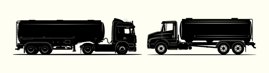 Vector illustration set featuring modern and vintage black tanker trucks in side profile, representing the evolution of heavy vehicle transport and fuel logistics