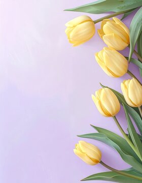 Fototapeta A group of pale yellow tulips arranged in a corner, showcasing delicate blossoms against a soft lavender background.