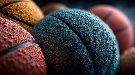 Different colored basketballs arranged close together showcasing texture in an indoor setting with dramatic lighting