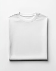 White t-shirt mockup folded neatly on plain white background, minimalist apparel display for design and presentation.