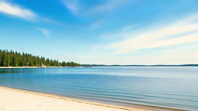 summer tranquil blue lake sandy beach green forest