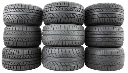 Obraz premium A stack of nine rubber tires with tread patterns, arranged in three rows, showing varying designs