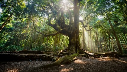 Obraz premium rosewood tree in a dense forest with sunlight filtering through