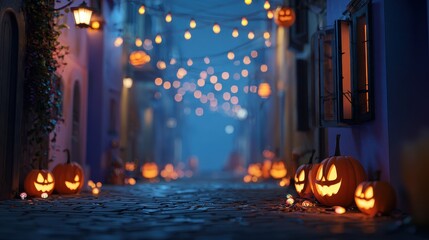 Pumpkin lanterns, glowing night street with scattered candy, 3D illustration. 