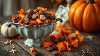 Vintage candy bowl with assorted chocolates, creating nostalgic Halloween mood with autumnal warmth.