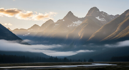 A scenic view of a mountain range with fog and a river running through a valley at the base of the peaks
