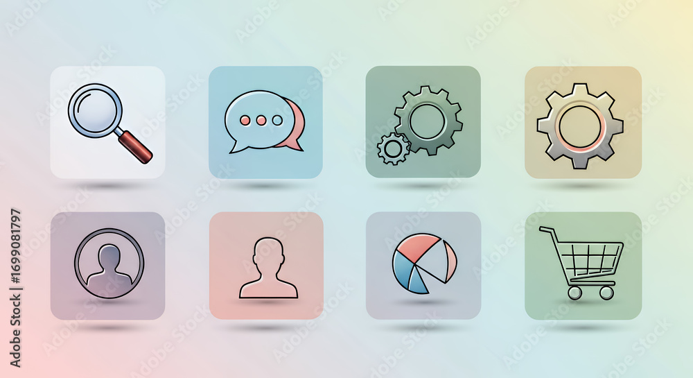 Wall mural Collection of eight square icons displaying various symbols on a gradient background design layout