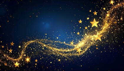 Swirling gold stars and glittering dust trail across a dark blue background