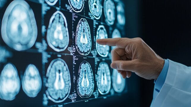 Medium shot of healthcare professional pointing at AI diagnostic imaging results on large screen.