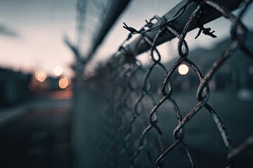 Close-up view of a chain-link fence at dusk.  Blurred city lights in the background