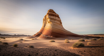 A layered rock formation in a desert landscape under a clear sky at daytime with sparse vegetation