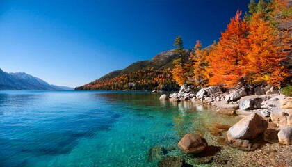 Fototapeta premium scenic mountain shoreline with vibrant autumn foliage and clear blue waters