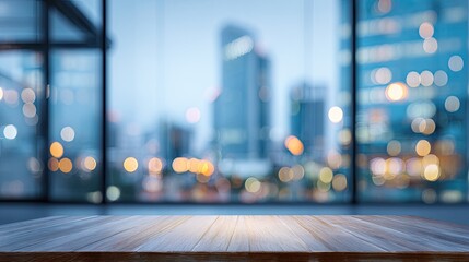 Empty light-brown wooden table in front of a blurred city skyline through large windows