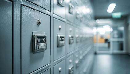 Close-up of a wall of gray metal lockers, showing rows of compartments and handles.  Interior hallway perspective