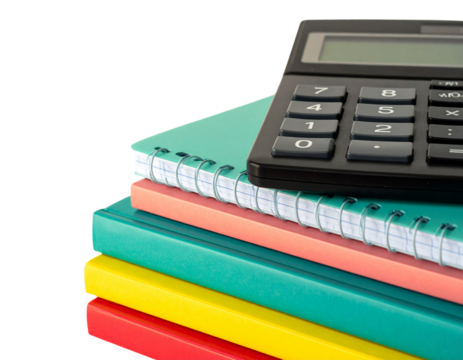 Stack of Notebooks with Calculator on Top, Isolated on White