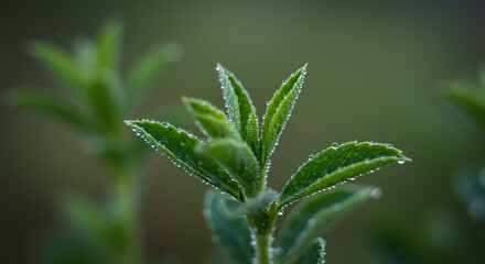Lush green plant with water droplets glistening in the morning light, close-up view