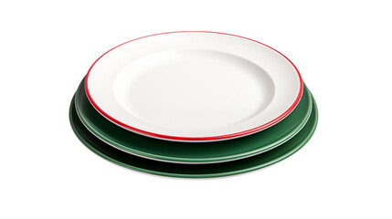 Stack of three plates featuring a white plate with red rim and two green plates against black background