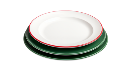 Stack of three plates featuring a white plate with red rim and two green plates against black background