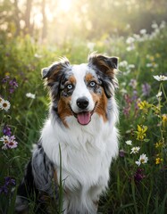 Fototapeta premium A cheerful Australian Shepherd dog sits amidst a vibrant meadow filled with wildflowers, bathed in the golden light of sunrise or sunset.