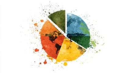 A pie chart, stylized with watercolor-like splatter effects, showing a segmented Earth.  Each segment is a different color