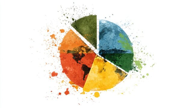 A pie chart, stylized with watercolor-like splatter effects, showing a segmented Earth.  Each segment is a different color