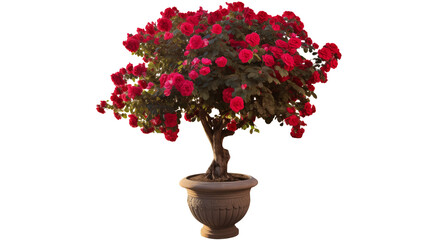 A potted tree with many small red flowers and green leaves against a black color background scene view