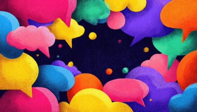 Vibrant speech bubbles fill the frame, creating a colorful, textured, and dynamic composition