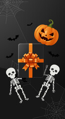A spooky yet festive Halloween vector illustration featuring two playful skeletons holding a black gift box with an orange ribbon. A pumpkin and flying bats complete the eerie background.
