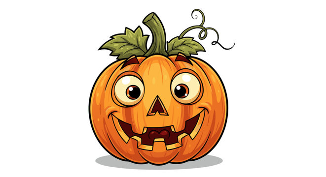 A charming, hand-drawn style cartoon Jack O' Lantern with large, expressive eyes and a wide, friendly smile. This cute pumpkin with green leaves is perfect for children's Halloween designs.