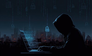 Silhouetted hacker at laptop, city lights, falling locks, digital code