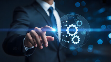 Businessman interacting with global network and gears, visualizing digital transformation.