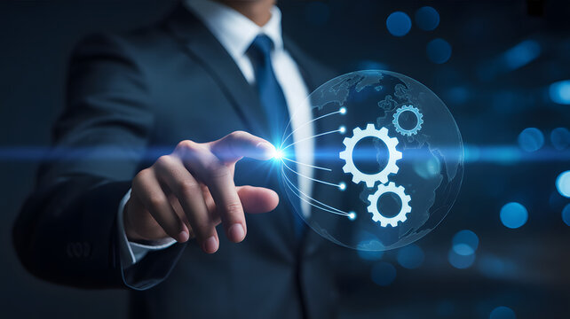 Businessman interacting with global network and gears, visualizing digital transformation. - Powered by Adobe