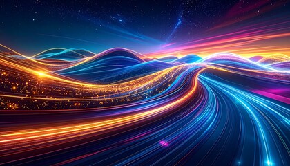 Colorful streams form light trails across wavy fields beneath a starry sky