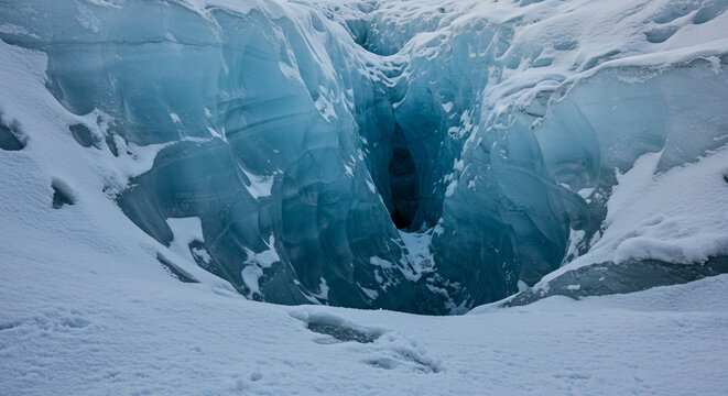 Dramatic glacier crevasse with striking blue ice creates an abstract and powerful cold winter landscape